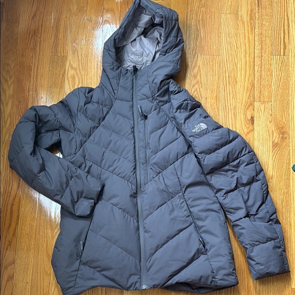 The North Face Gray Puffer Jacket with Hood and Quilted Design